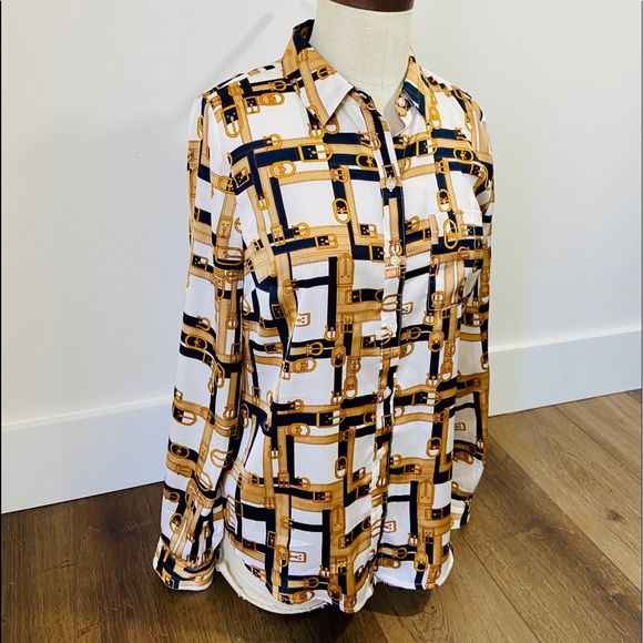 CYBER SALE🕊️vintage 80’s silky button down gold black buckle design blouse - Picture 3 of 10